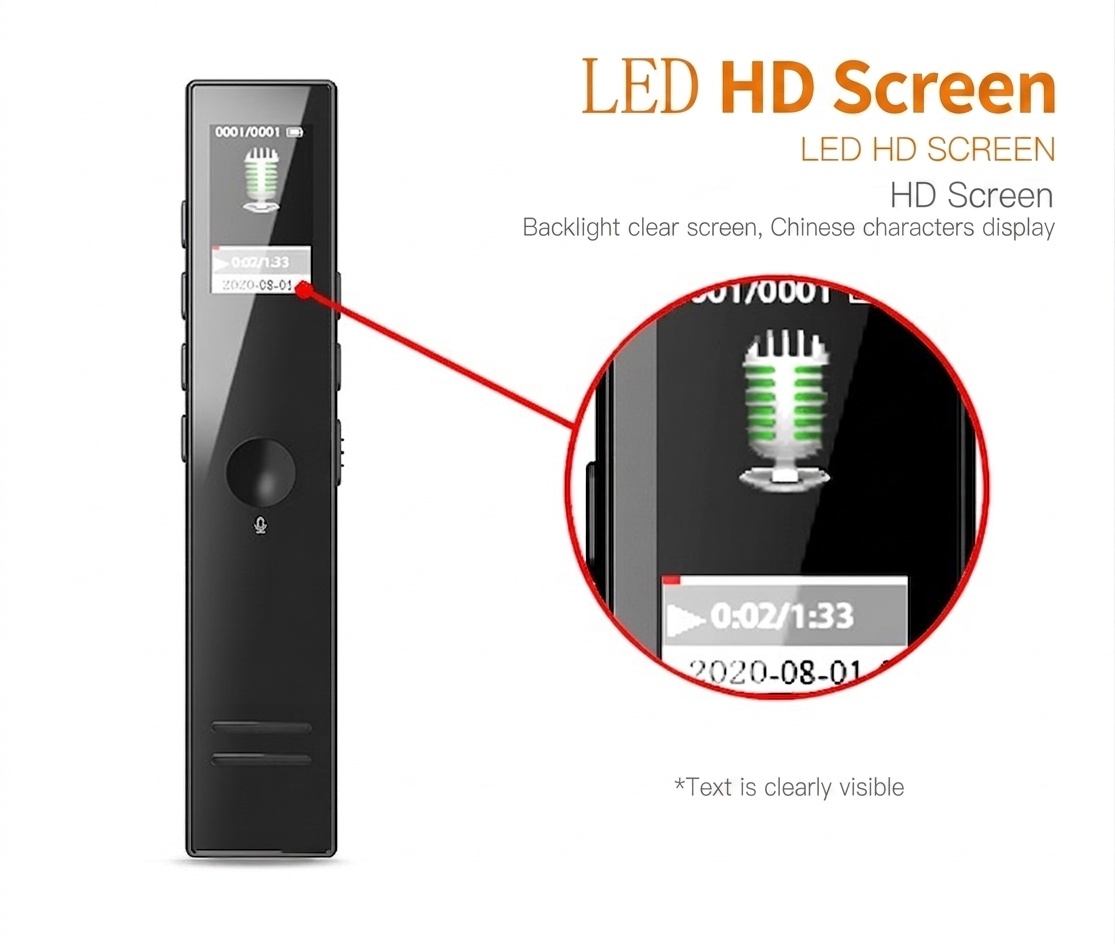 Grabadora de voz digital compacta con pantalla LED HD, reproducción de MP3, reducción de ruido inteligente, 13 horas de autonomía de batería, N8S negra