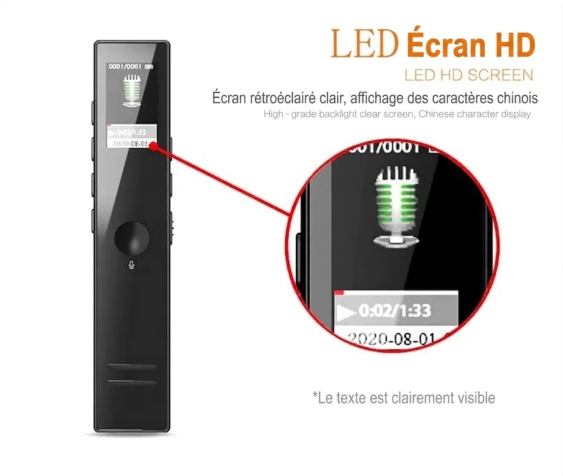 Enregistreur vocal numérique compact avec écran LED HD, lecture MP3, réduction intelligente du bruit, autonomie de 13 heures, N8S Noir