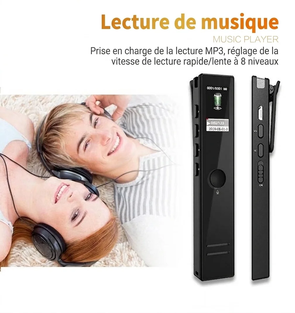 Enregistreur vocal numérique compact avec écran LED HD, lecture MP3, réduction intelligente du bruit, autonomie de 13 heures, N8S Noir