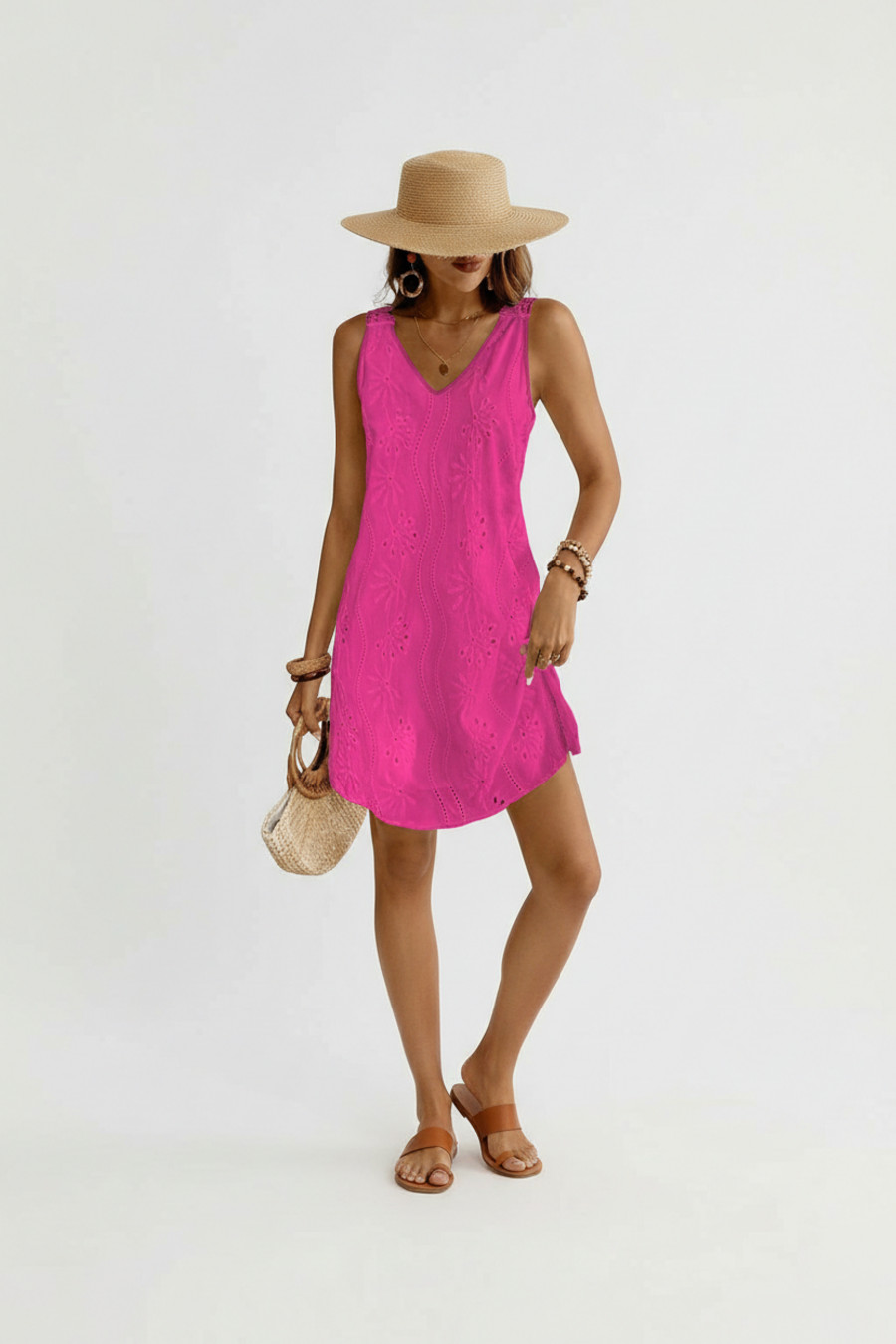 Rosarote Kleider mit großen Blumen, Polyester, lässiger Stil, Größe L, GWC-00007