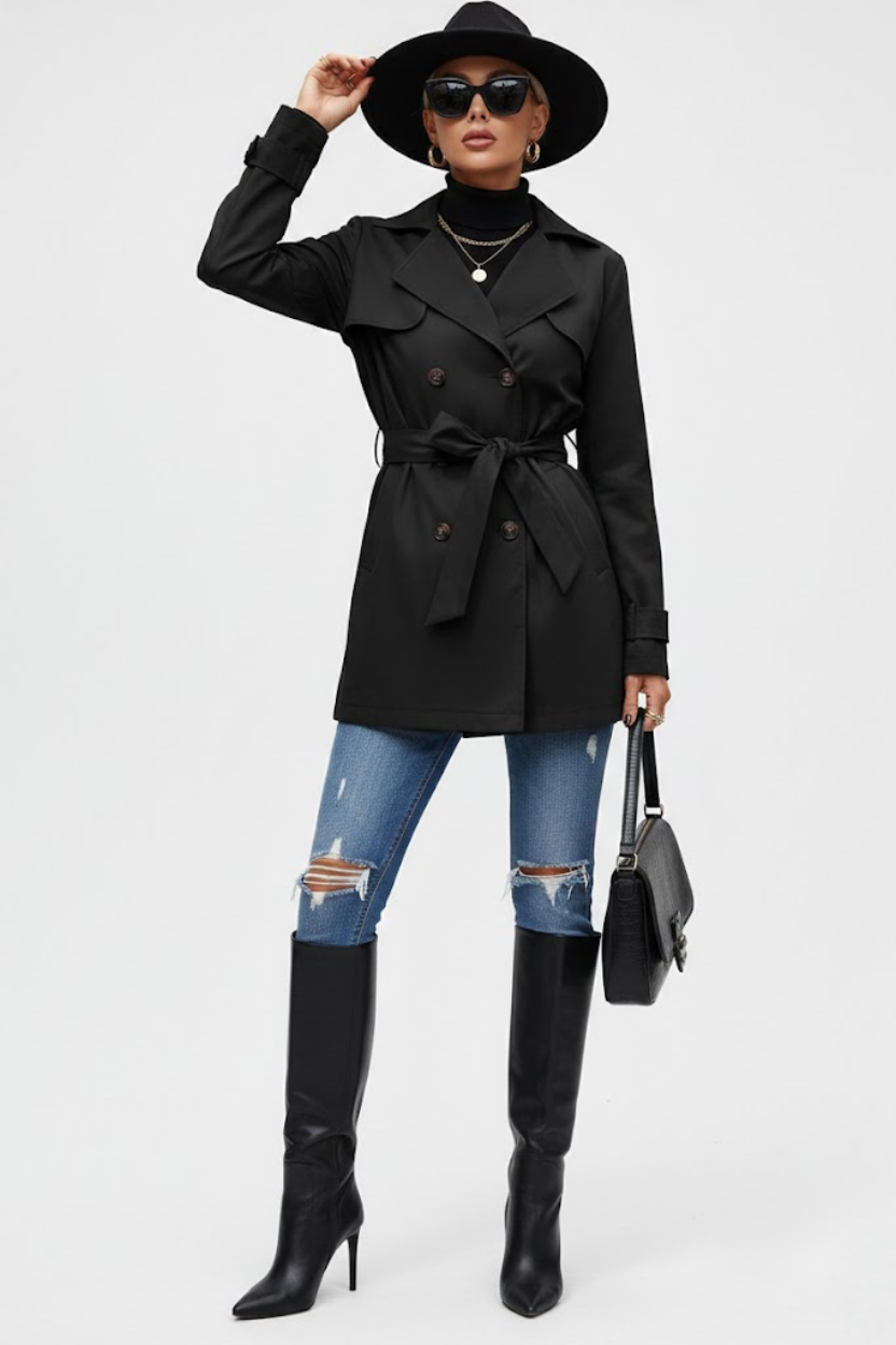 Damen-Freizeit-Trenchcoat mit Gürtel und doppelter Knopfleiste GWC-00001