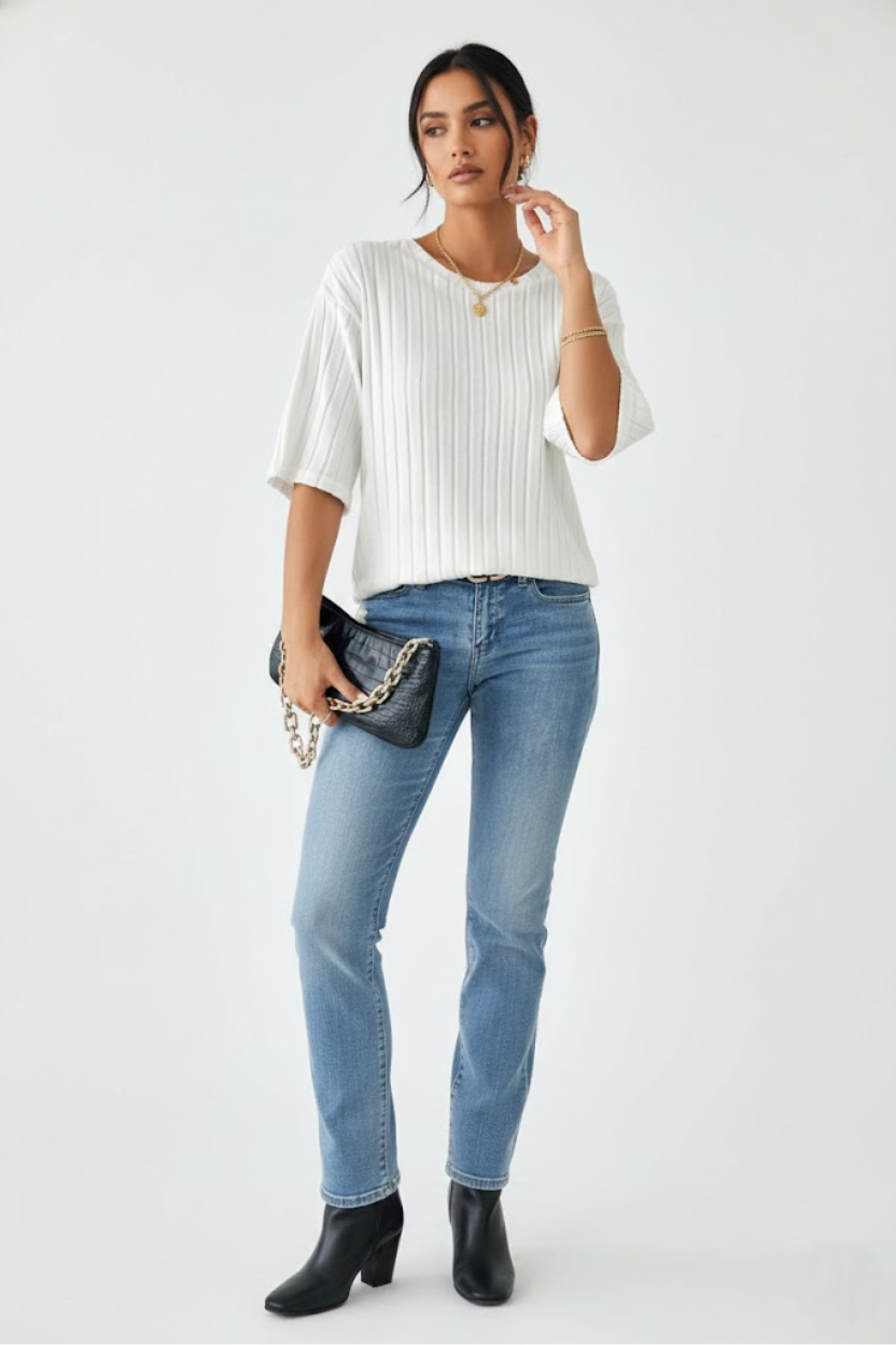 Women's Wear Brushed Ribbed Loose-Fit Short-Sleeve/Mid-Sleeve Knit Top GWC-00013