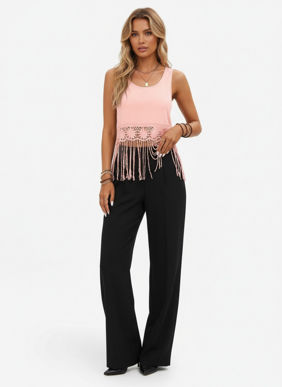 Abrikooskleurige gebreide stof, polyester (polyestervezel), feestelijke tops, maat L, GWC-00019