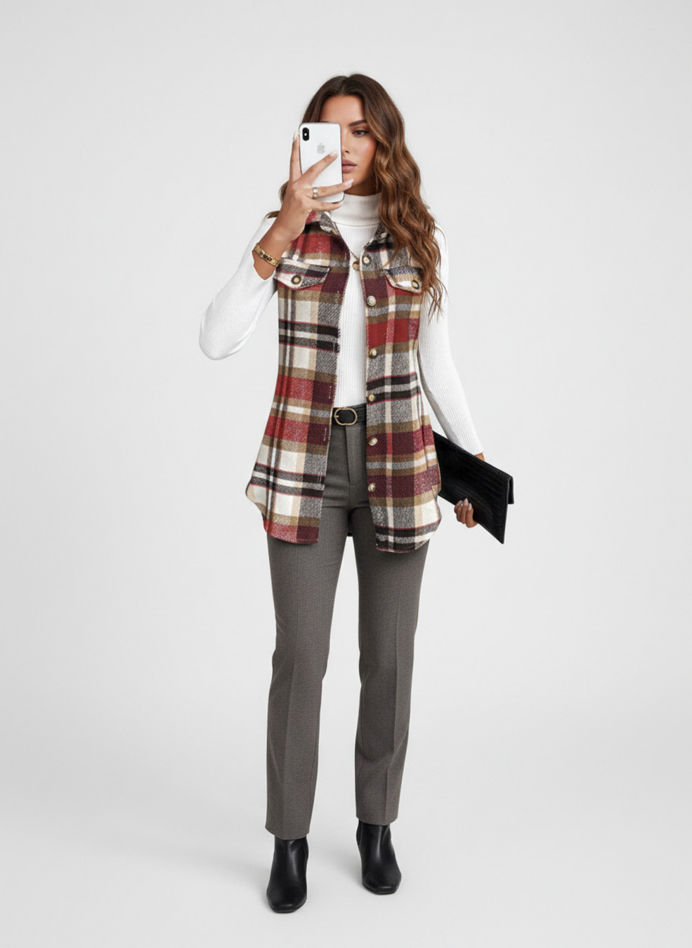 Blusa de fiesta de poliéster a cuadros rojos y blancos L GWC-00023