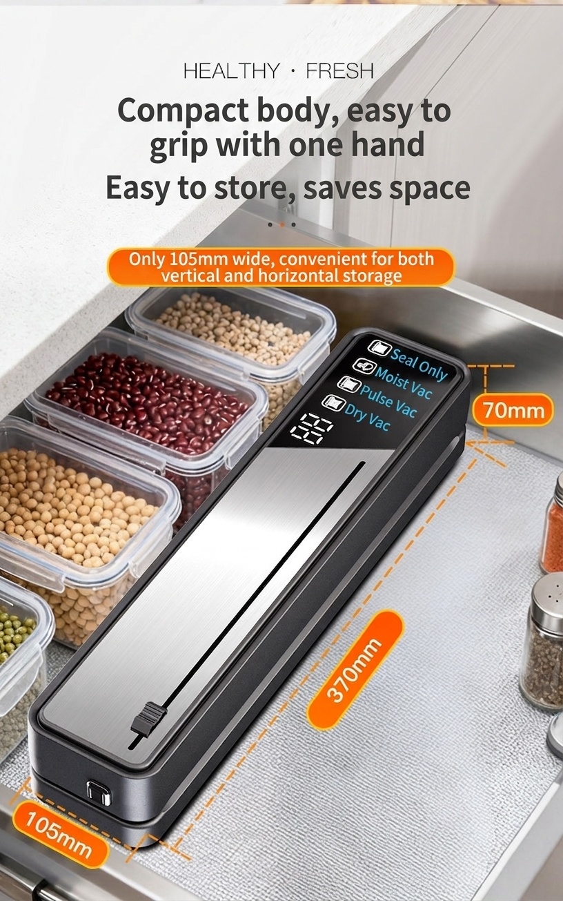 Macchina automatica per sottovuoto, con forte aspirazione di 75 kPa, compatta, con sterilizzazione UVC e diverse modalità di sigillatura per alimenti secchi, umidi e morbidi.