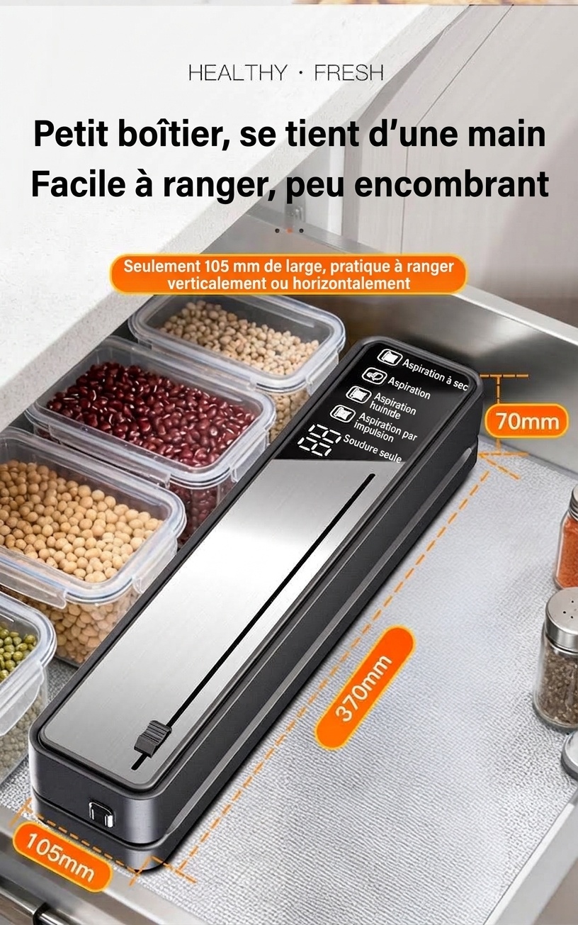 Machine de mise sous vide automatique pour aliments, aspiration puissante de 75 kPa, appareil compact de conservation des aliments avec stérilisation UVC et multiples modes de scellage pour aliments secs/humides/mous