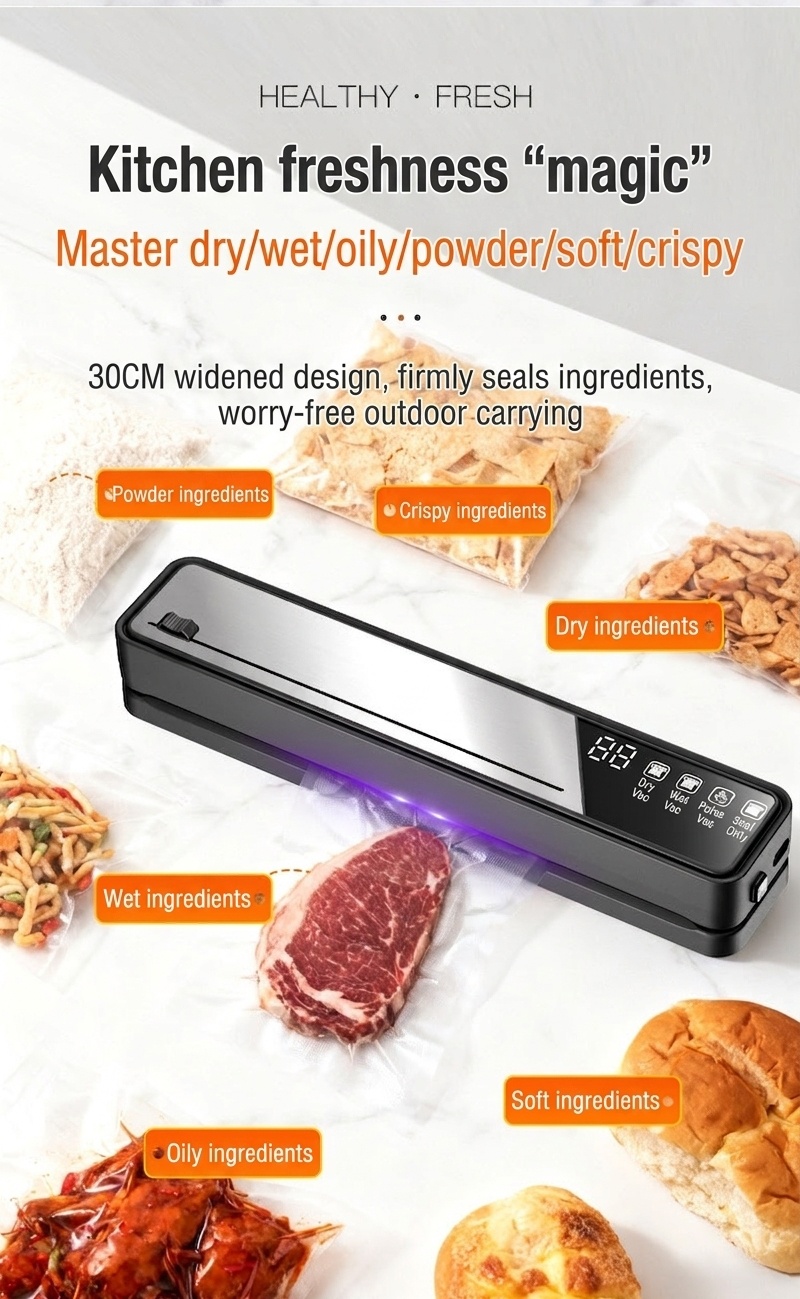 Macchina automatica per sottovuoto, con forte aspirazione di 75 kPa, compatta, con sterilizzazione UVC e diverse modalità di sigillatura per alimenti secchi, umidi e morbidi.