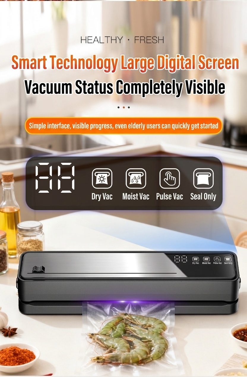 Macchina automatica per sottovuoto, con forte aspirazione di 75 kPa, compatta, con sterilizzazione UVC e diverse modalità di sigillatura per alimenti secchi, umidi e morbidi.