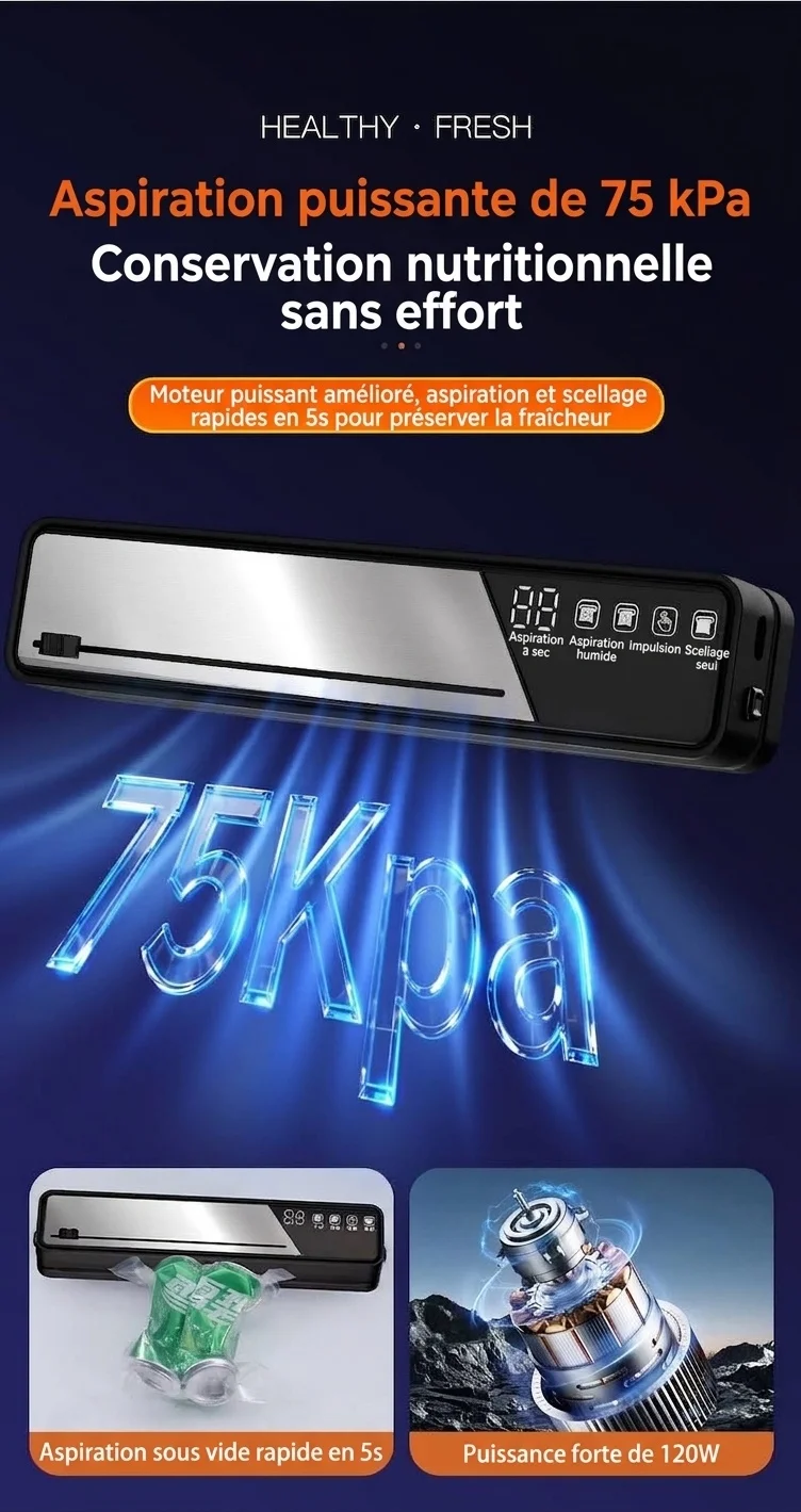 Machine de mise sous vide automatique pour aliments, aspiration puissante de 75 kPa, appareil compact de conservation des aliments avec stérilisation UVC et multiples modes de scellage pour aliments secs/humides/mous