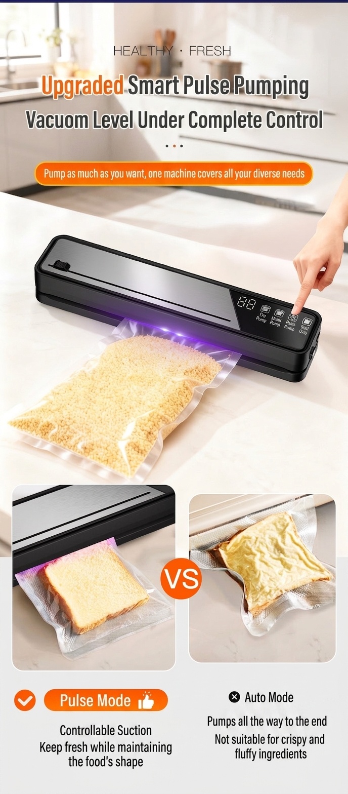 Macchina automatica per sottovuoto, con forte aspirazione di 75 kPa, compatta, con sterilizzazione UVC e diverse modalità di sigillatura per alimenti secchi, umidi e morbidi.