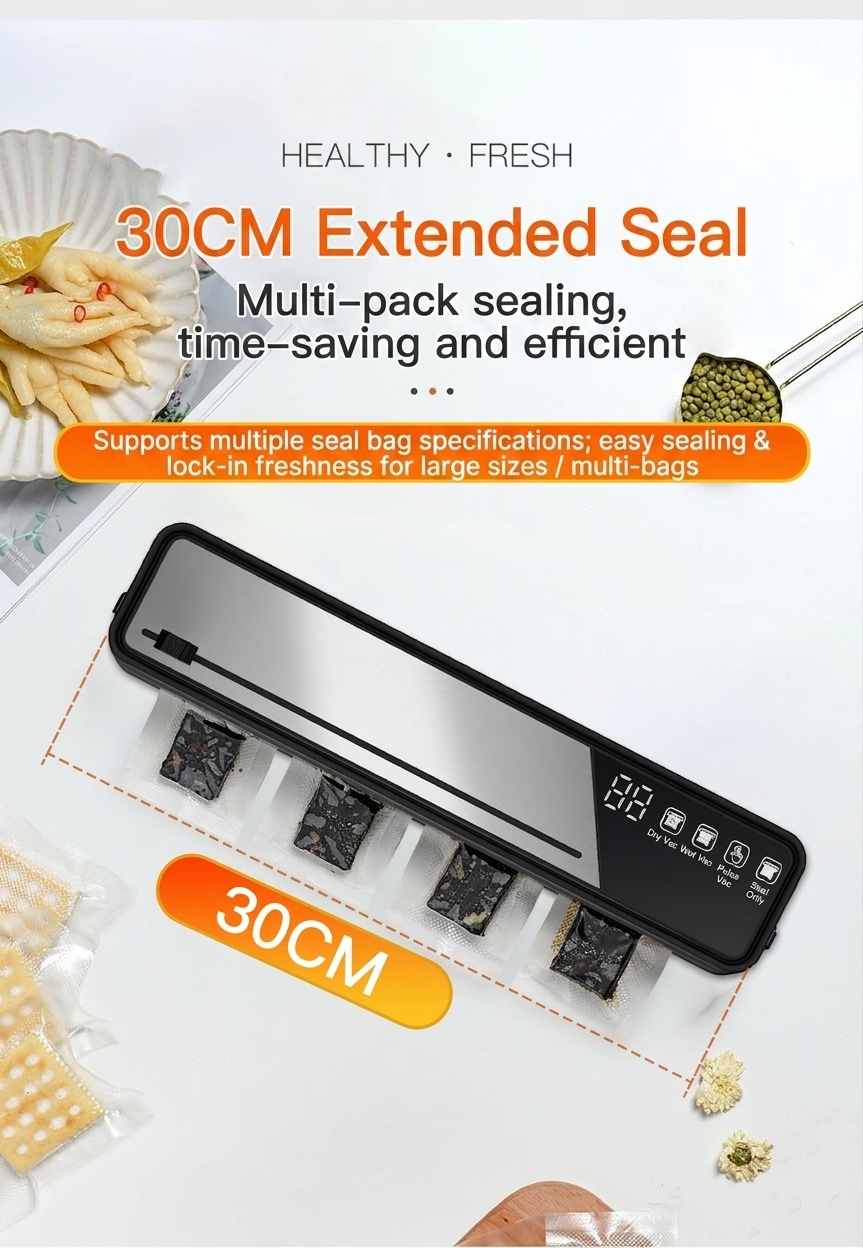 Macchina automatica per sottovuoto, con forte aspirazione di 75 kPa, compatta, con sterilizzazione UVC e diverse modalità di sigillatura per alimenti secchi, umidi e morbidi.
