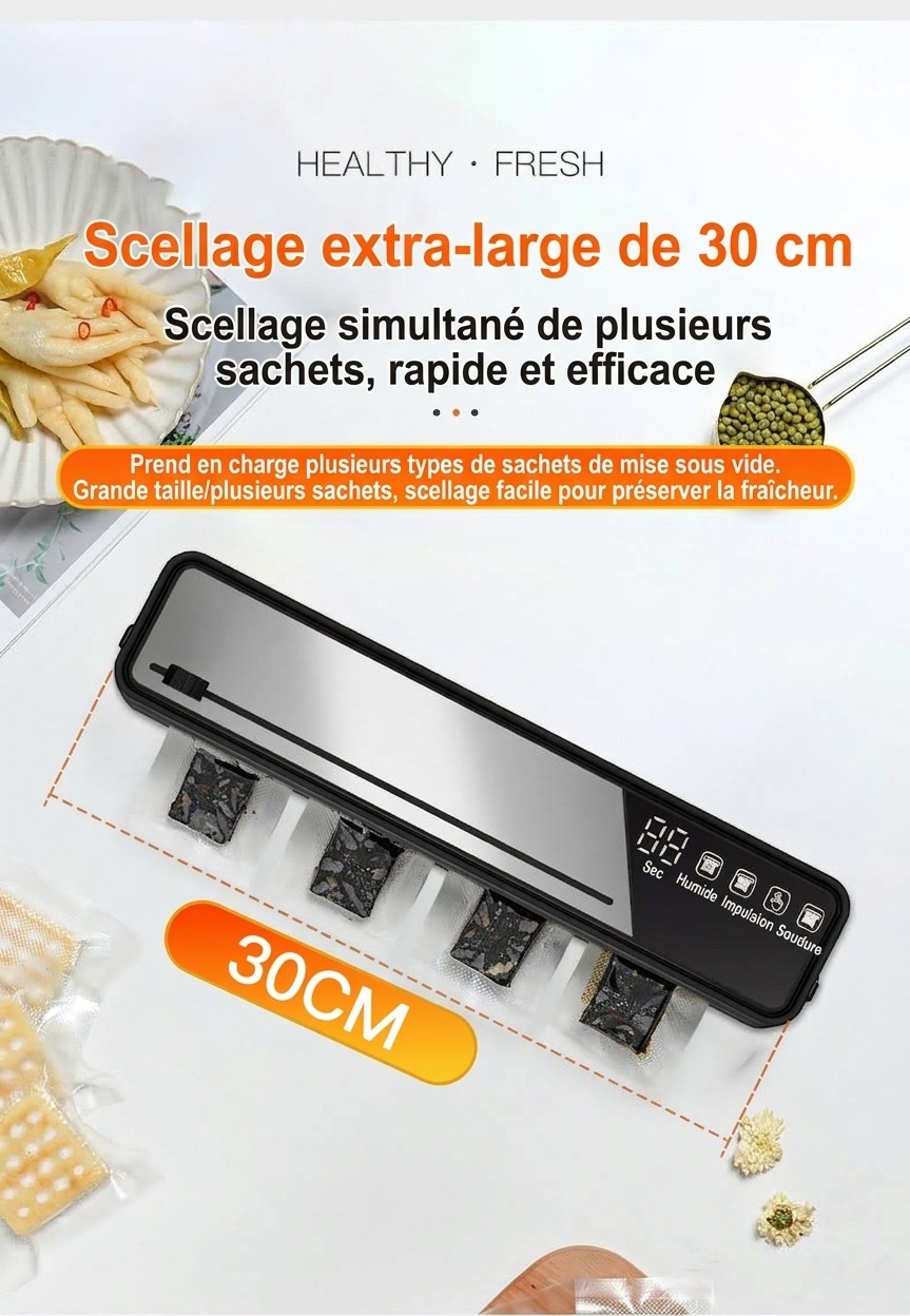 Machine de mise sous vide automatique pour aliments, aspiration puissante de 75 kPa, appareil compact de conservation des aliments avec stérilisation UVC et multiples modes de scellage pour aliments secs/humides/mous