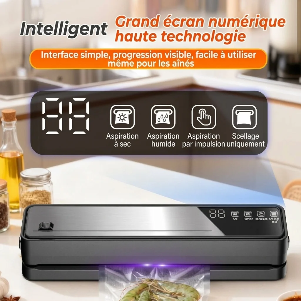Machine de mise sous vide automatique pour aliments, aspiration puissante de 75 kPa, appareil compact de conservation des aliments avec stérilisation UVC et multiples modes de scellage pour aliments secs/humides/mous