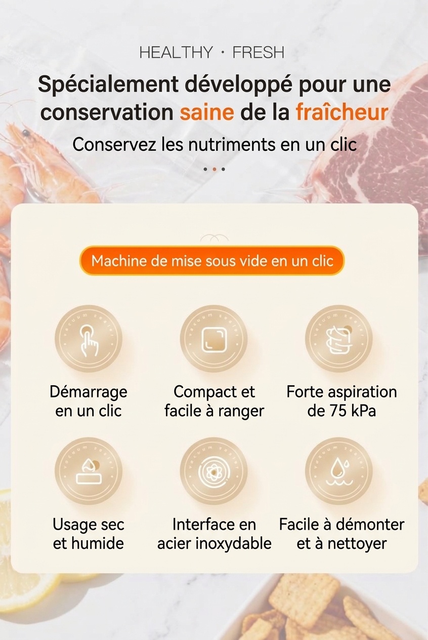 Machine de mise sous vide automatique pour aliments, aspiration puissante de 75 kPa, appareil compact de conservation des aliments avec stérilisation UVC et multiples modes de scellage pour aliments secs/humides/mous