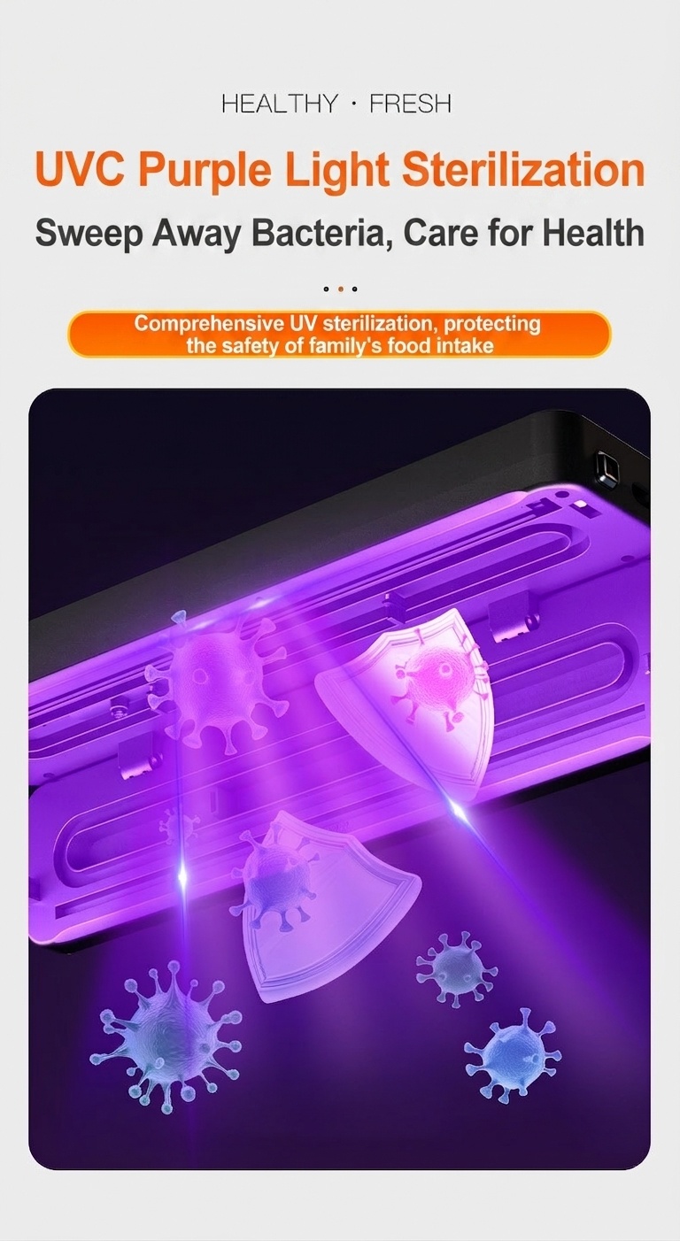 Macchina automatica per sottovuoto, con forte aspirazione di 75 kPa, compatta, con sterilizzazione UVC e diverse modalità di sigillatura per alimenti secchi, umidi e morbidi.