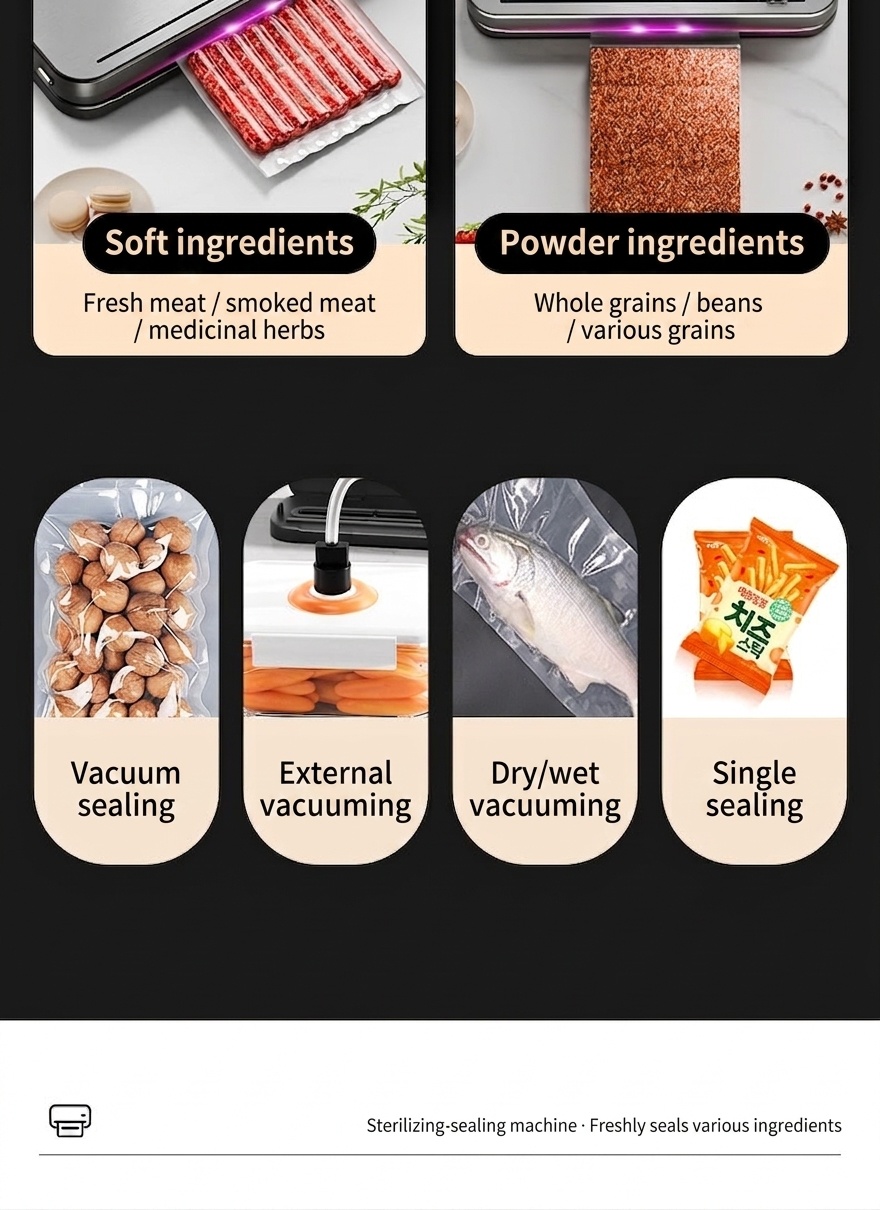 Macchina automatica per il sottovuoto degli alimenti, pannello in acciaio inox, comandi digitali, potente aspirazione, conservante per alimenti con diverse modalità per alimenti secchi e umidi.