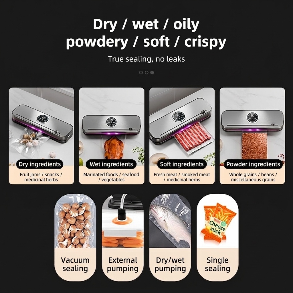 Macchina automatica per il sottovuoto degli alimenti, pannello in acciaio inox, comandi digitali, potente aspirazione, conservante per alimenti con diverse modalità per alimenti secchi e umidi.