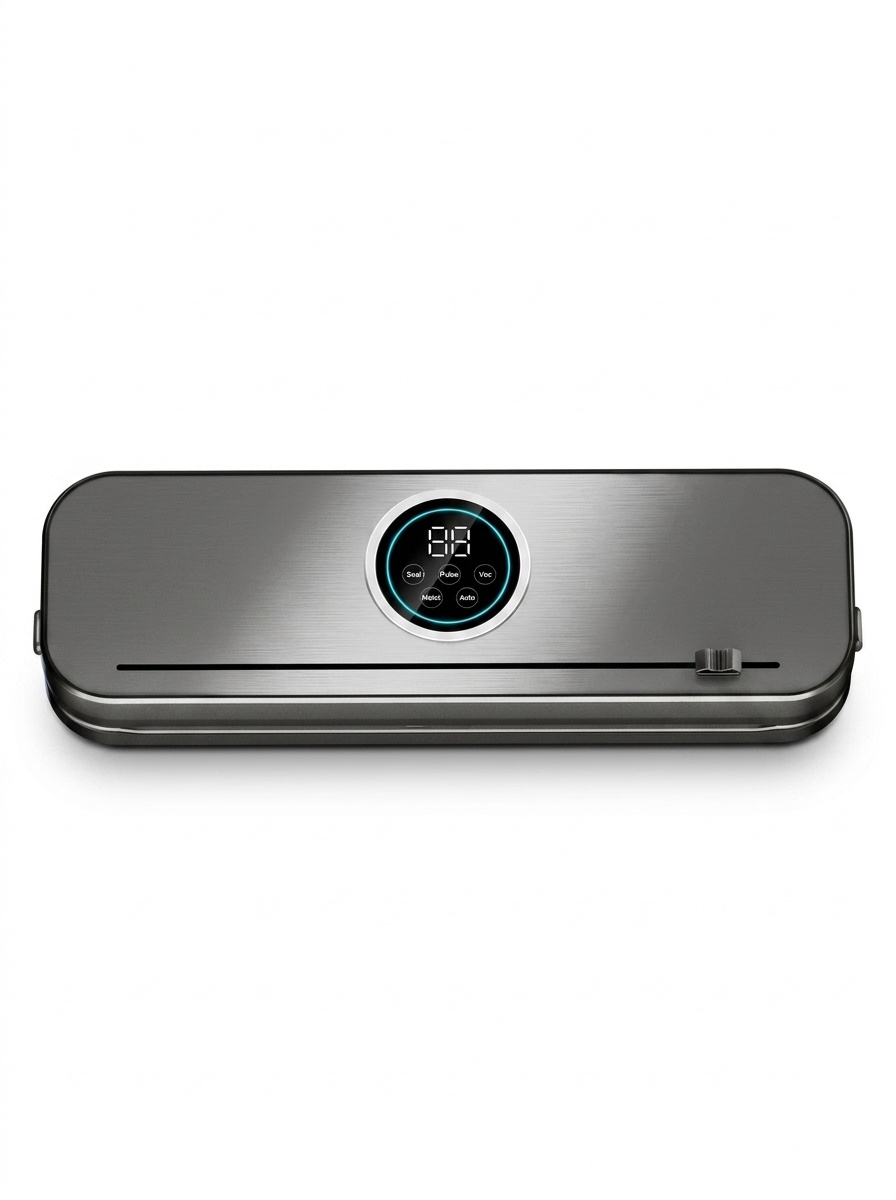 Macchina automatica per il sottovuoto degli alimenti, pannello in acciaio inox, comandi digitali, potente aspirazione, conservante per alimenti con diverse modalità per alimenti secchi e umidi.