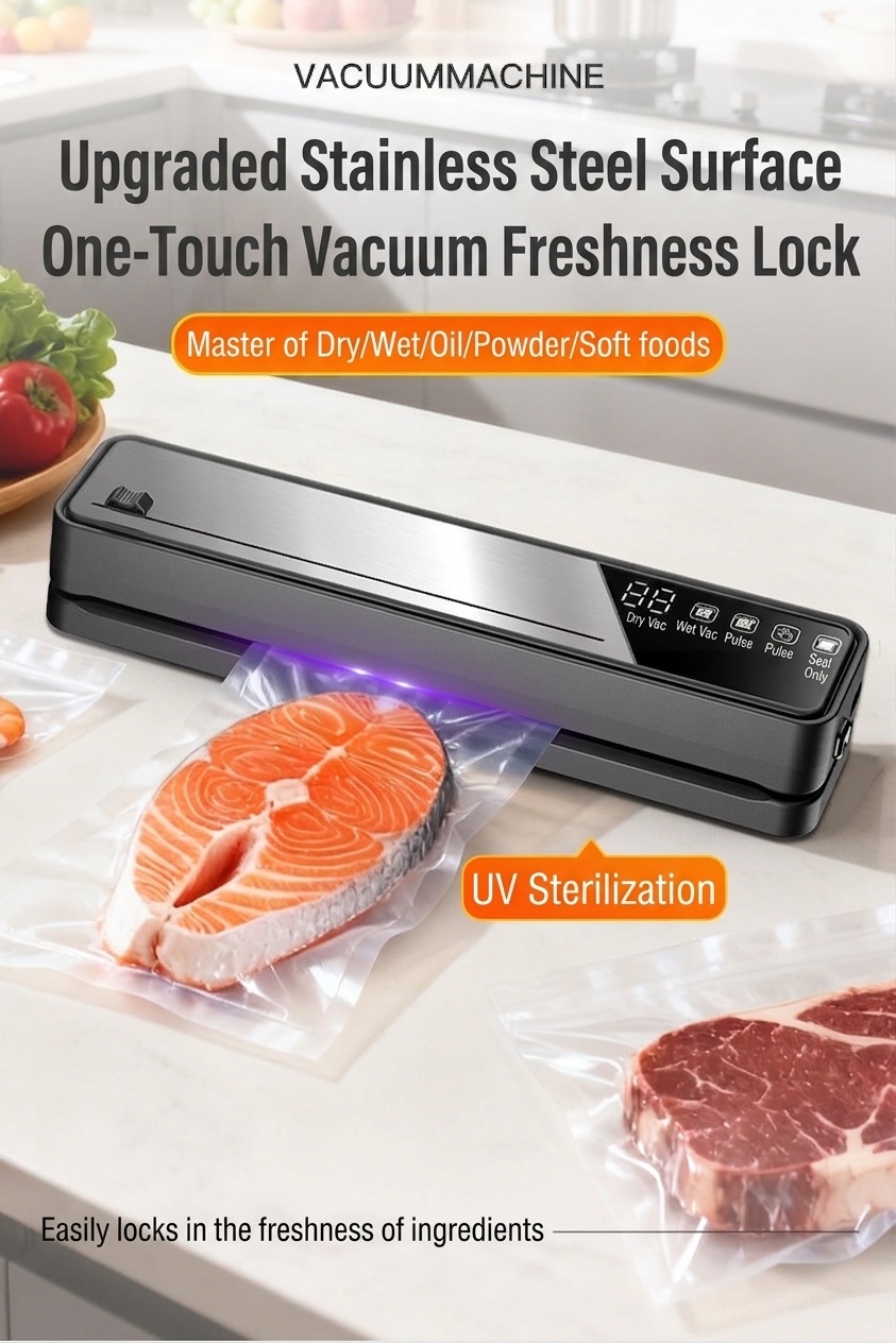 Macchina automatica per il sottovuoto degli alimenti con sterilizzazione UV, potente aspirazione da 75 kPa, conservante per alimenti secchi e umidi, compatta con base rimovibile.