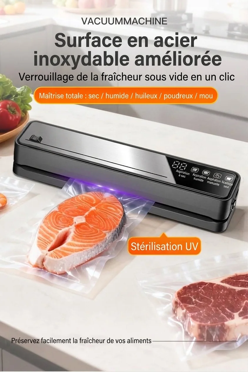 Machine de mise sous vide automatique avec stérilisation UV, puissante aspiration de 75 kPa pour la conservation des aliments secs et humides, compacte avec base amovible