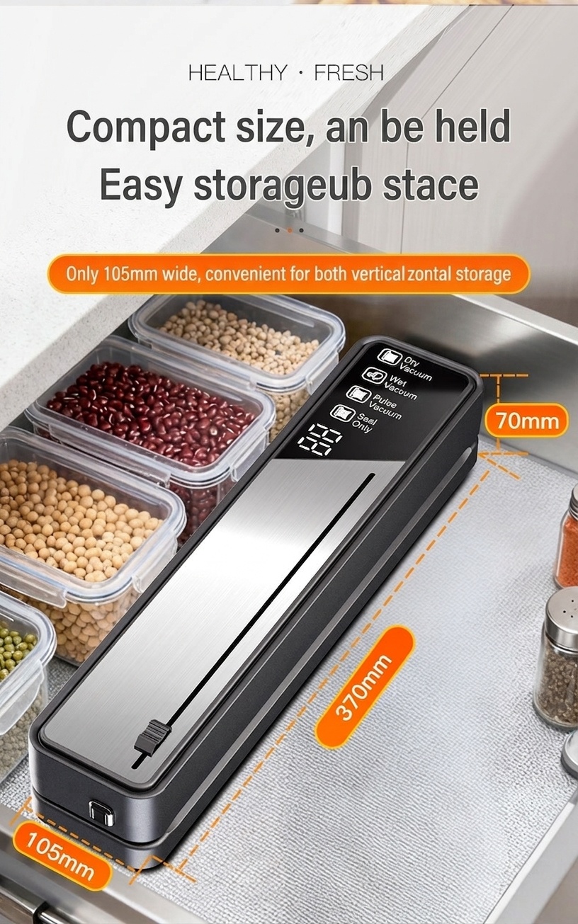 Macchina automatica per il sottovuoto degli alimenti con sterilizzazione UV, potente aspirazione da 75 kPa, conservante per alimenti secchi e umidi, compatta con base rimovibile.
