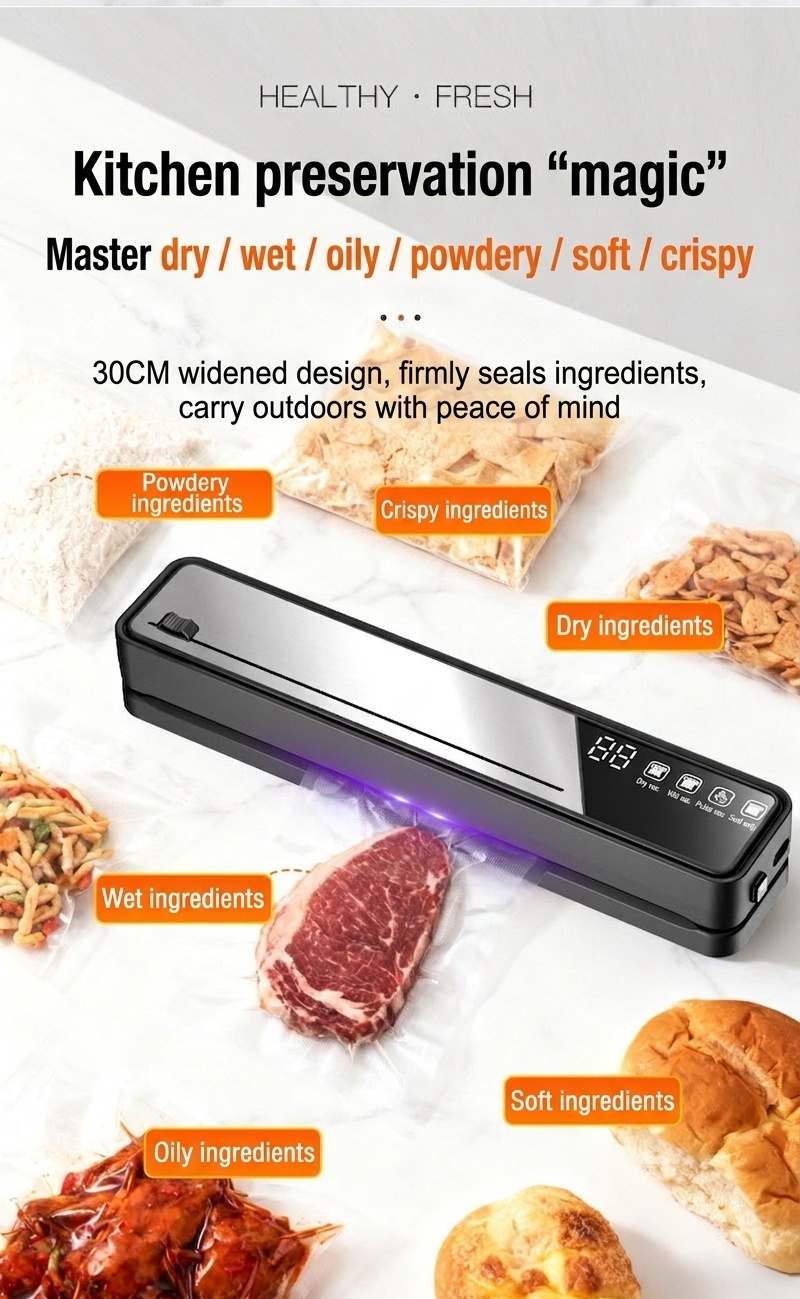 Macchina automatica per il sottovuoto degli alimenti con sterilizzazione UV, potente aspirazione da 75 kPa, conservante per alimenti secchi e umidi, compatta con base rimovibile.
