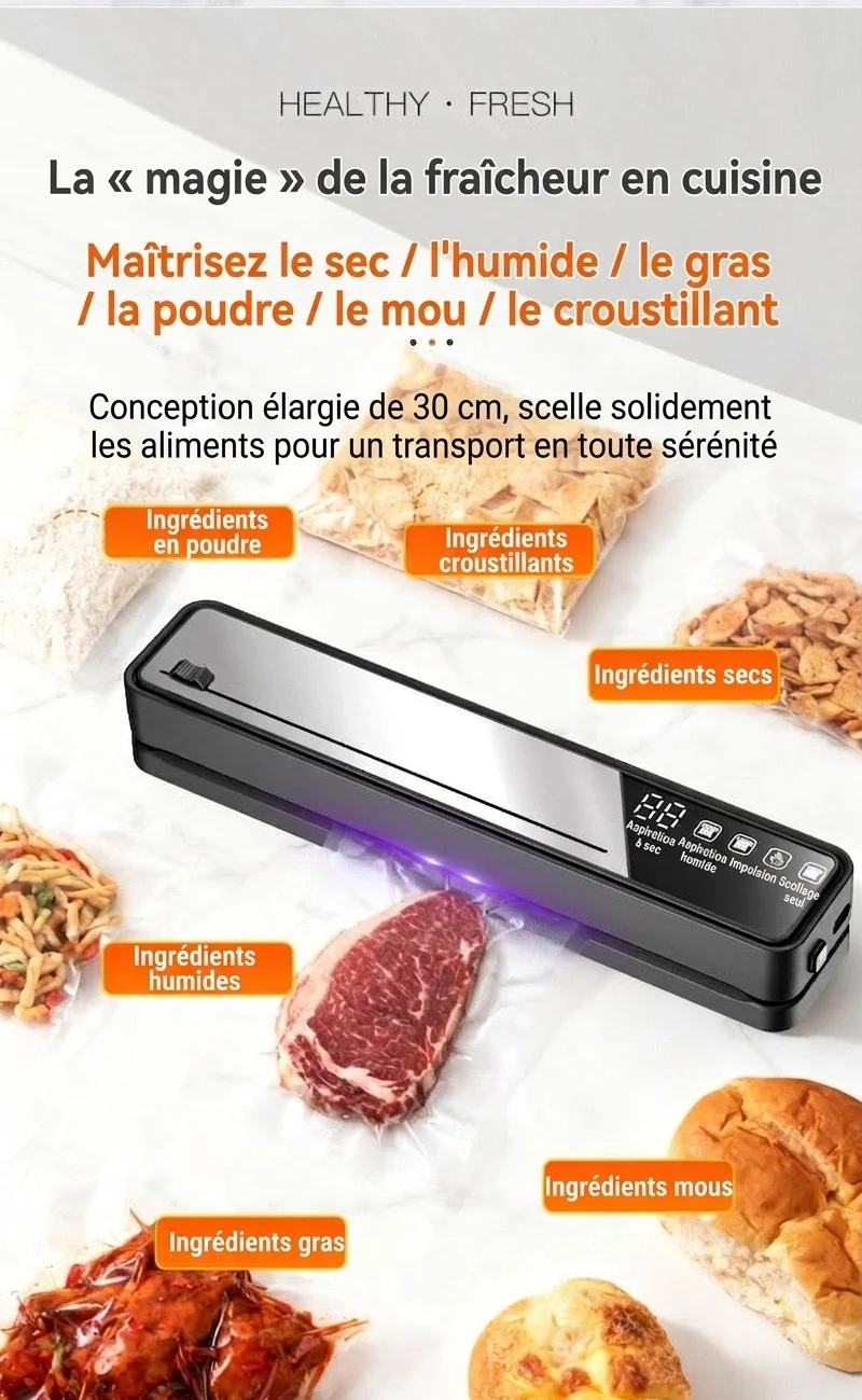 Machine de mise sous vide automatique avec stérilisation UV, puissante aspiration de 75 kPa pour la conservation des aliments secs et humides, compacte avec base amovible