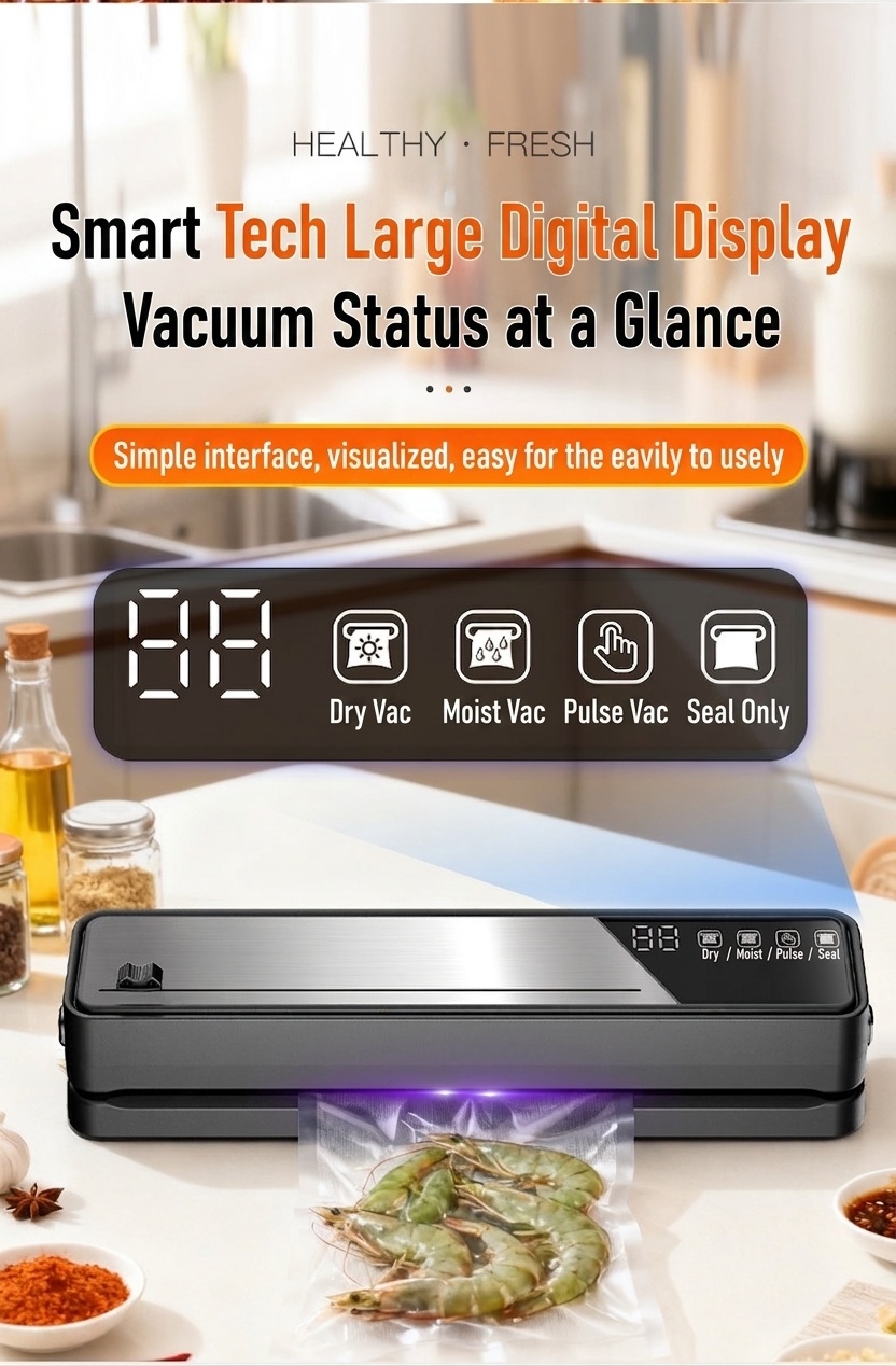 Macchina automatica per il sottovuoto degli alimenti con sterilizzazione UV, potente aspirazione da 75 kPa, conservante per alimenti secchi e umidi, compatta con base rimovibile.