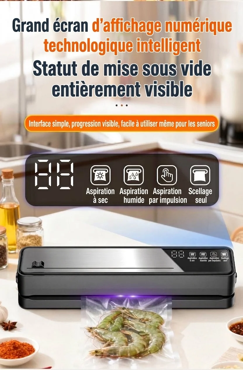 Machine de mise sous vide automatique avec stérilisation UV, puissante aspiration de 75 kPa pour la conservation des aliments secs et humides, compacte avec base amovible
