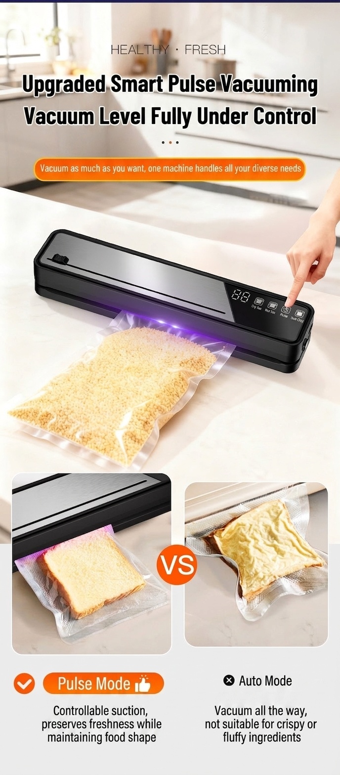 Macchina automatica per il sottovuoto degli alimenti con sterilizzazione UV, potente aspirazione da 75 kPa, conservante per alimenti secchi e umidi, compatta con base rimovibile.
