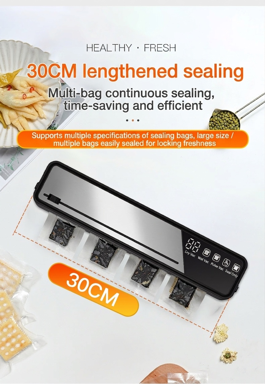 Macchina automatica per il sottovuoto degli alimenti con sterilizzazione UV, potente aspirazione da 75 kPa, conservante per alimenti secchi e umidi, compatta con base rimovibile.