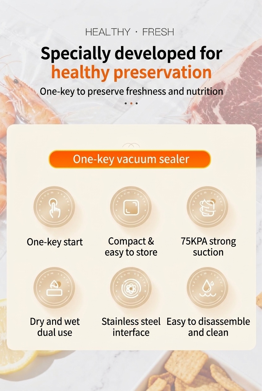 Macchina automatica per il sottovuoto degli alimenti con sterilizzazione UV, potente aspirazione da 75 kPa, conservante per alimenti secchi e umidi, compatta con base rimovibile.