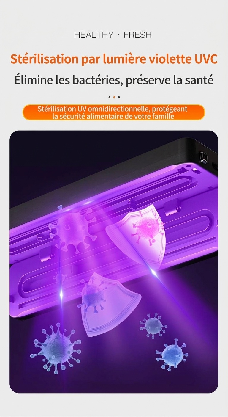 Machine de mise sous vide automatique avec stérilisation UV, puissante aspiration de 75 kPa pour la conservation des aliments secs et humides, compacte avec base amovible