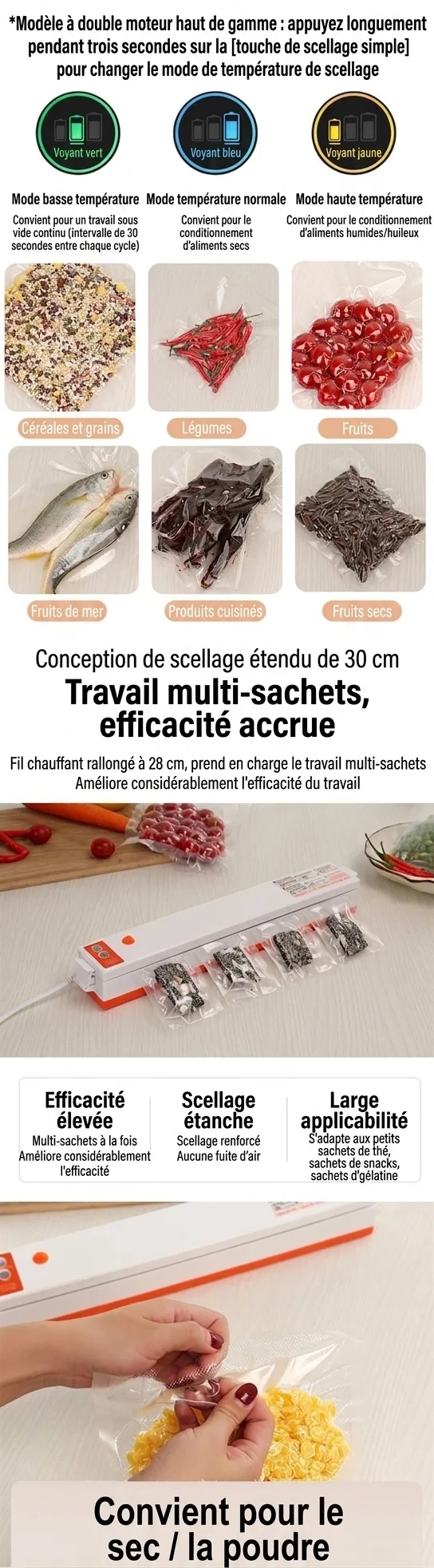 Machine de mise sous vide automatique pour aliments, double moteur puissant, barre de scellage de 30 cm, conservation des aliments secs et humides en une seule touche, conserve les aliments frais 5 fois plus longtemps