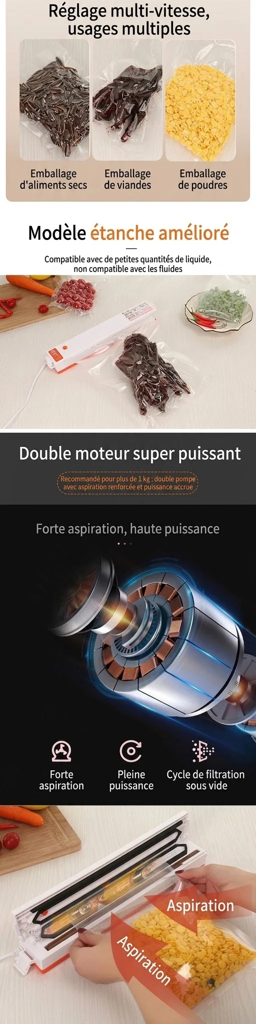 Machine de mise sous vide automatique pour aliments, double moteur puissant, barre de scellage de 30 cm, conservation des aliments secs et humides en une seule touche, conserve les aliments frais 5 fois plus longtemps