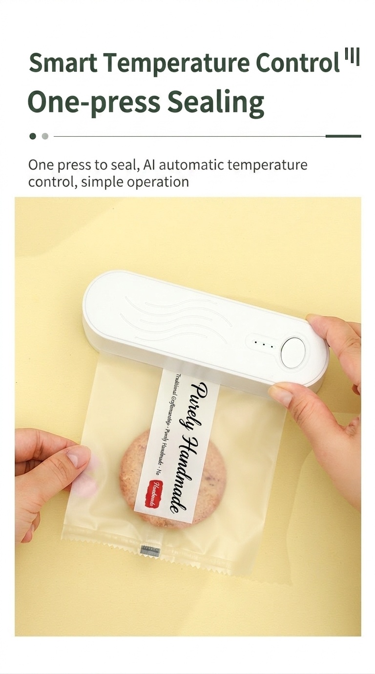 Mini sigillatrice portatile per sacchetti, sigillatrice termica ricaricabile con batteria da 1200 mAh, controllo intelligente della temperatura, sigillatrice ermetica per alimenti, ideale per cucina e snack.