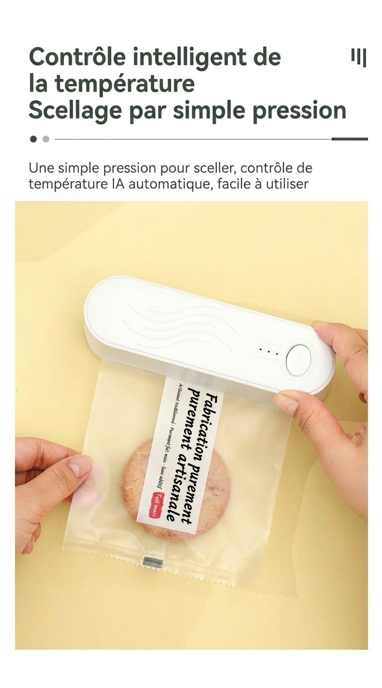 Mini scelleuse de sacs portable, scelleuse thermique rechargeable avec batterie 1200 mAh, contrôle intelligent de la température, scelleuse hermétique pour la cuisine et les en-cas