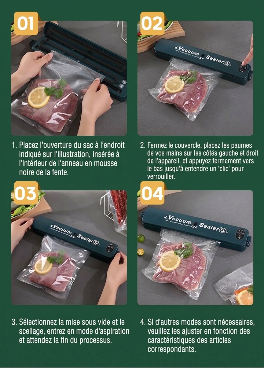 Machine de mise sous vide automatique pour aliments, forte aspiration de 120 kPa, longueur de scellage de 30 cm, utilisation simplifiée (une seule touche), idéale pour la conservation des aliments secs et humides.