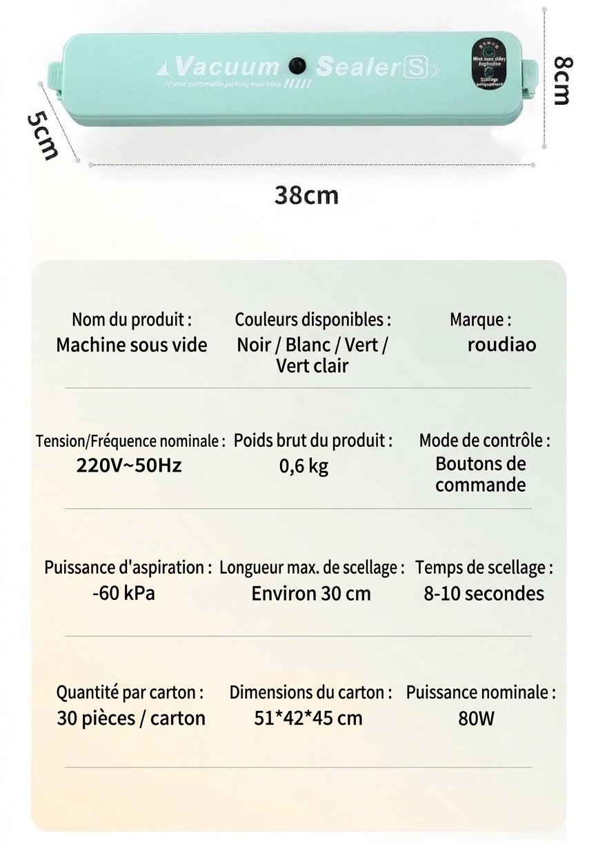 Machine de mise sous vide automatique pour aliments, forte aspiration de 120 kPa, longueur de scellage de 30 cm, utilisation simplifiée (une seule touche), idéale pour la conservation des aliments secs et humides.