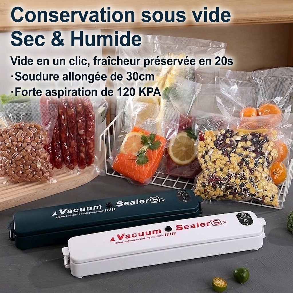 Machine de mise sous vide automatique pour aliments, forte aspiration de 120 kPa, longueur de scellage de 30 cm, utilisation simplifiée (une seule touche), idéale pour la conservation des aliments secs et humides.
