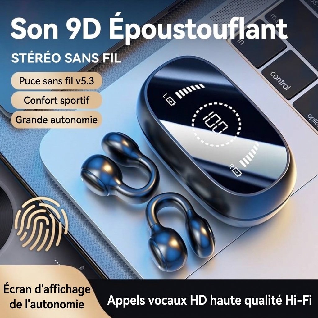Écouteurs sans fil 9D à clip auriculaire avec indicateur de charge LED, modèle n° M47