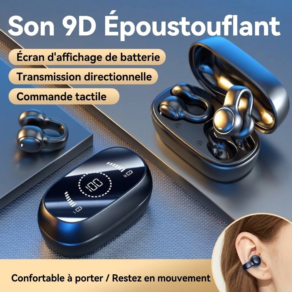 Écouteurs sans fil 9D à clip auriculaire avec indicateur de charge LED, modèle n° M47