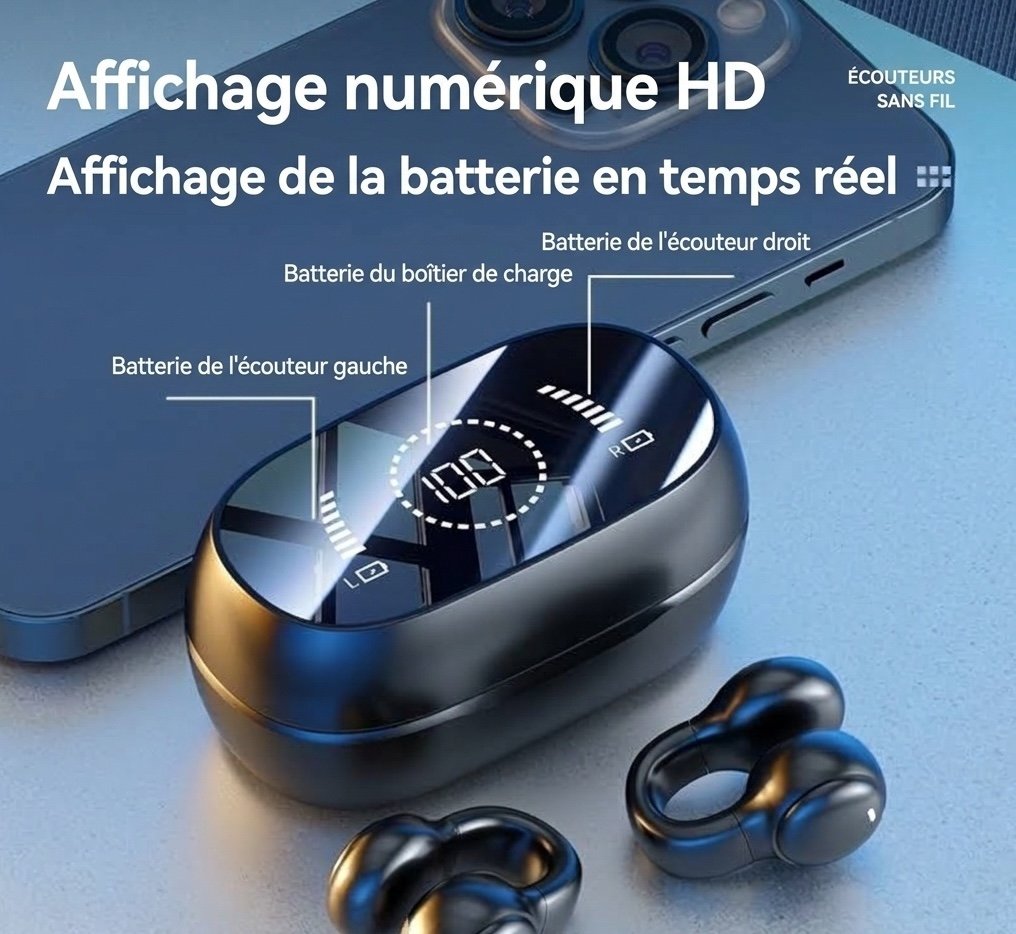 Écouteurs sans fil 9D à clip auriculaire avec indicateur de charge LED, modèle n° M47