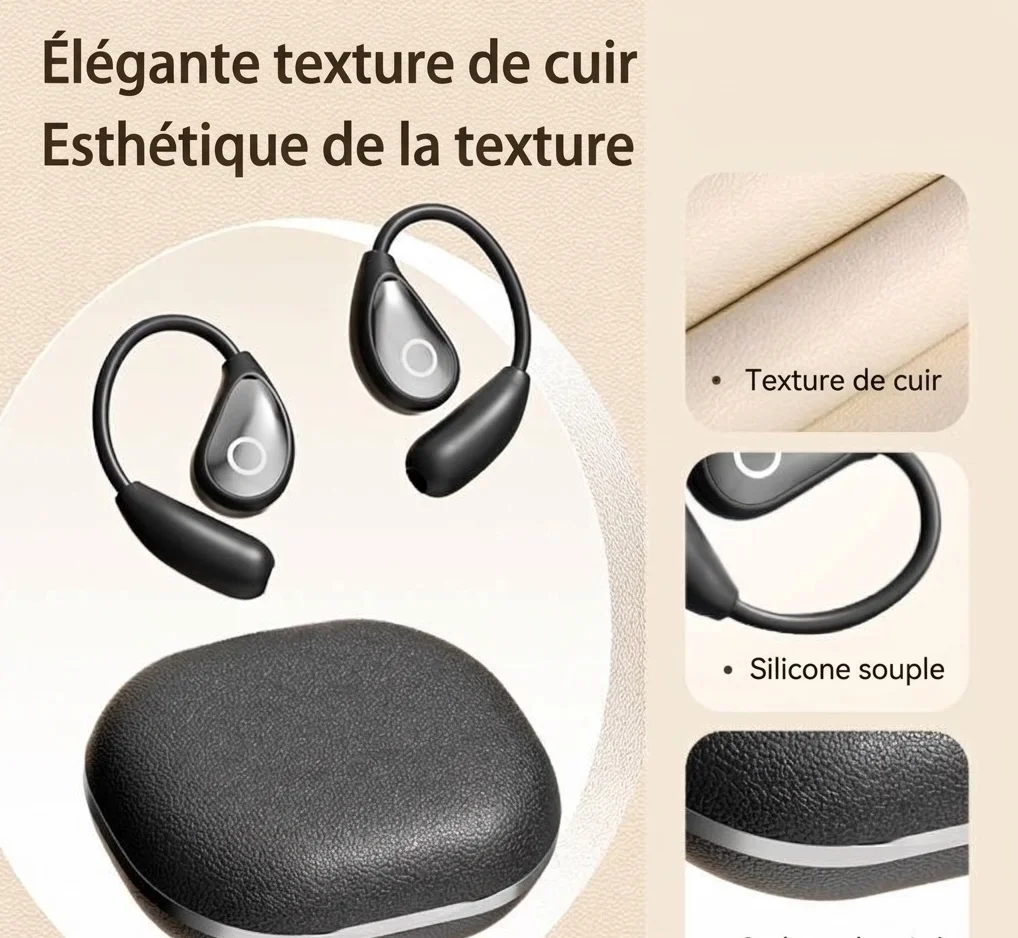 Écouteurs intra-auriculaires Bluetooth sans fil à oreille ouverte avec étui de chargement en cuir, modèle n° M95