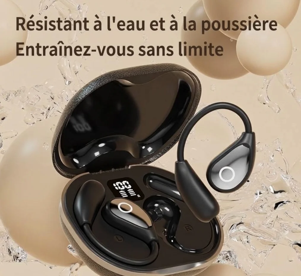 Écouteurs intra-auriculaires Bluetooth sans fil à oreille ouverte avec étui de chargement en cuir, modèle n° M95