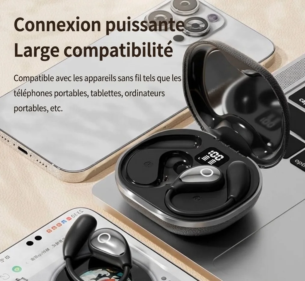 Écouteurs intra-auriculaires Bluetooth sans fil à oreille ouverte avec étui de chargement en cuir, modèle n° M95