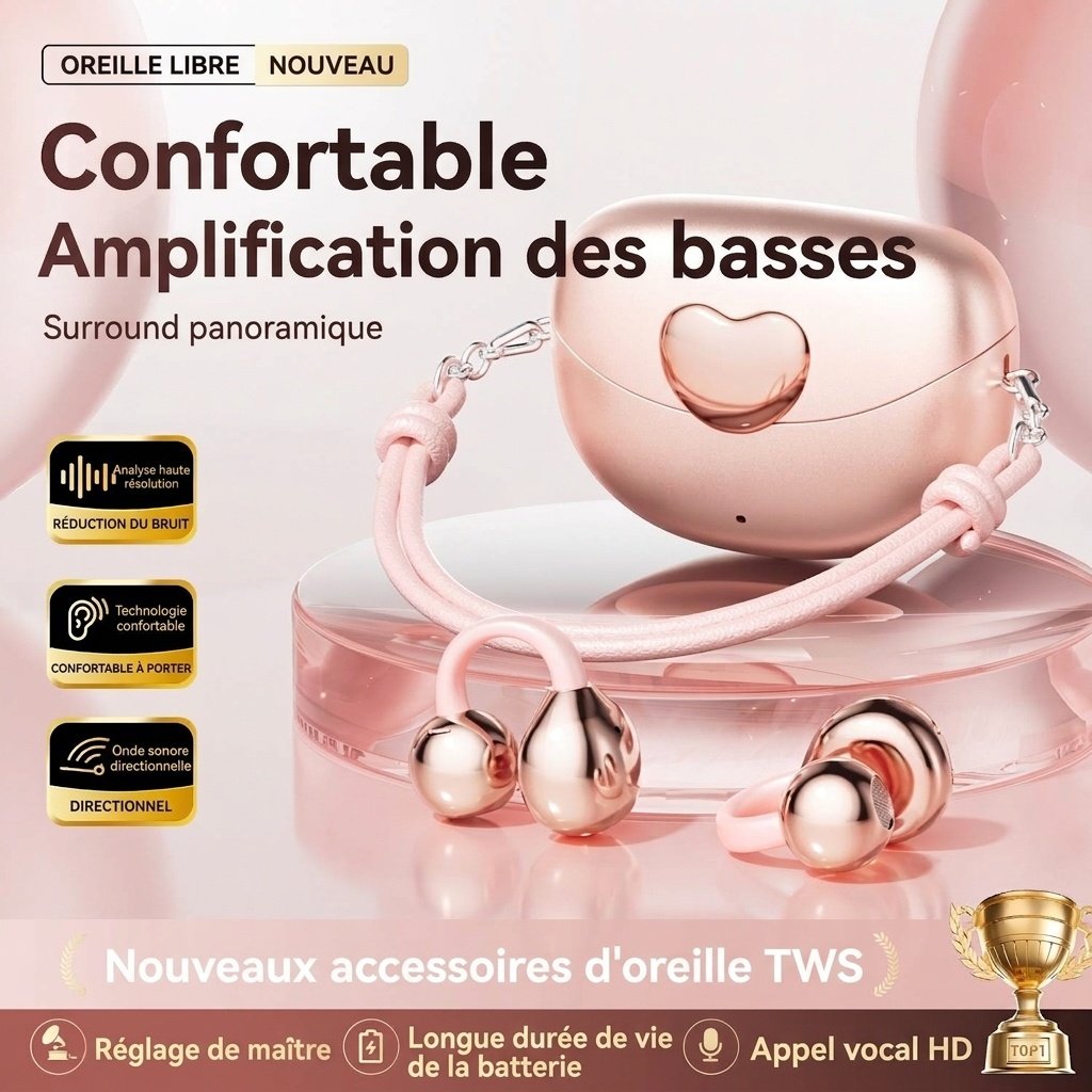 Écouteurs intra-auriculaires sans fil TWS à oreille ouverte avec boîtier de charge en forme de cœur, modèle n° M106