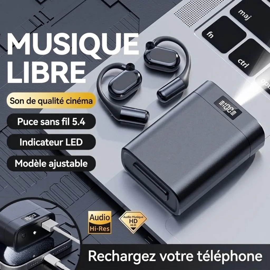 Écouteurs intra-auriculaires sans fil Bluetooth 5.4 à oreille ouverte avec boîtier de charge LED, modèle n° M116