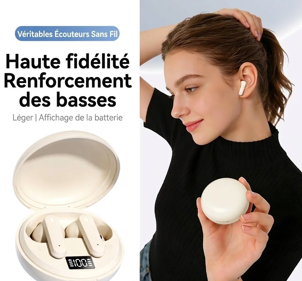 Écouteurs intra-auriculaires sans fil True Wireless avec indicateur de batterie LED et amplification des basses - Modèle n° M164