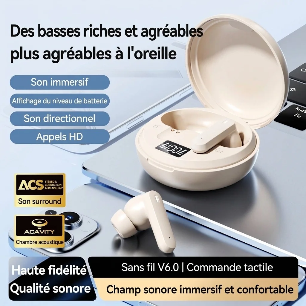 Écouteurs intra-auriculaires sans fil True Wireless avec indicateur de batterie LED et amplification des basses - Modèle n° M164
